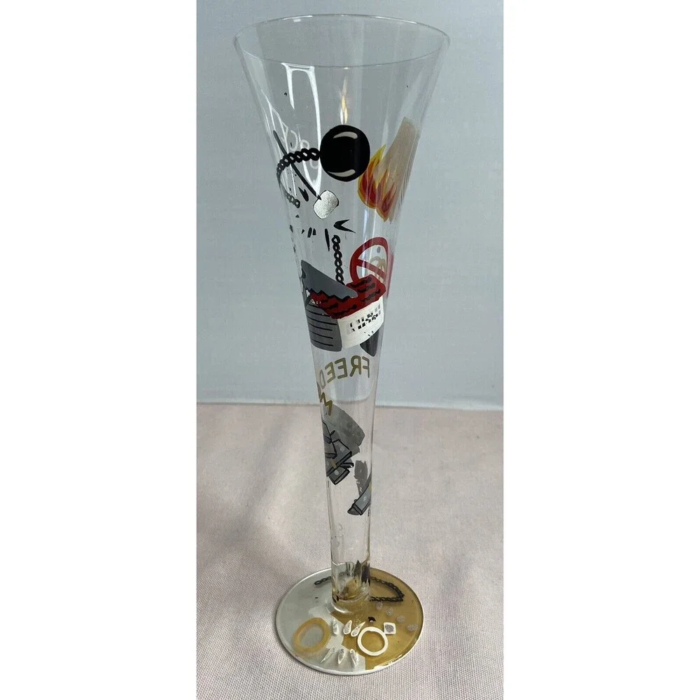 LOLITA - DIVORCE CHAMPAGNE FLUTE  GLASS HAND PAINTED. SOME PAINT WEAR ON GLASS.
